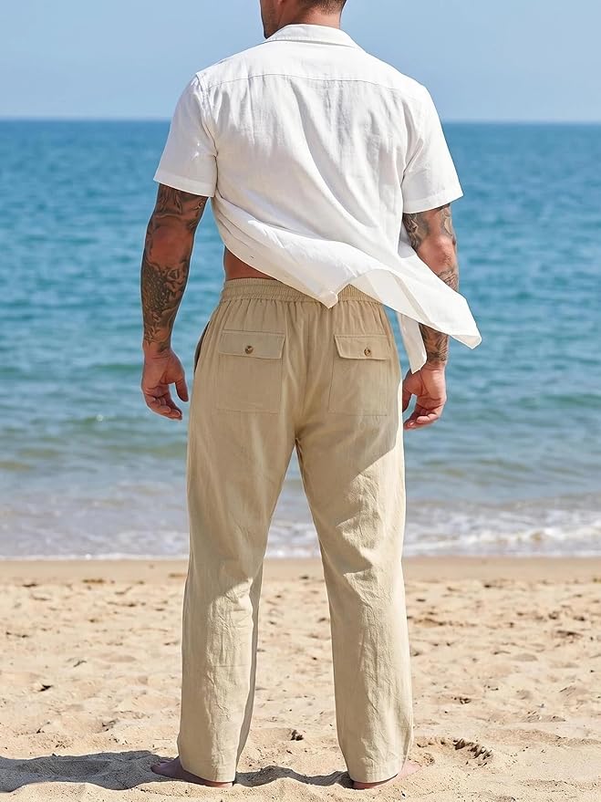Mens Linen Pants Casual Summer Beach Pants Elastic Waist Drawstring Lightweight Vacation Trousers with Pockets photo 3
