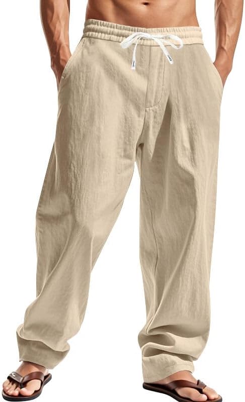 Mens Linen Pants Casual Summer Beach Pants Elastic Waist Drawstring Lightweight Vacation Trousers with Pockets