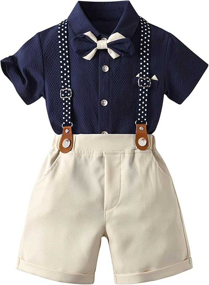 Volunboy Baby Boy Formal Short Set Toddler Summer Gentleman Outfit Kid Short Sleeve Bowtie Shirt Suspender Shorts Suit