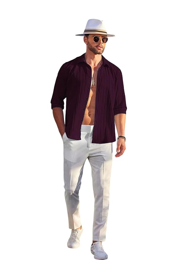 DEELMO Men's Casual Button Down Shirts Long Sleeve Linen Shirt Fashion Textured Beach Summer Shirt photo 3