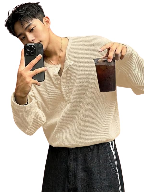 Imsa Moda Men's Textured Fabric Solid Half-Open Collar T-Shirt | Full Sleeve Casual Shirt for Men | Comfortable Fall Wear