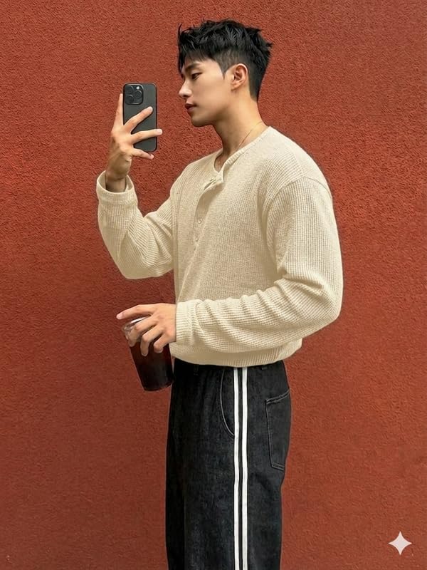 Imsa Moda Men's Textured Fabric Solid Half-Open Collar T-Shirt | Full Sleeve Casual Shirt for Men | Comfortable Fall Wear photo 2