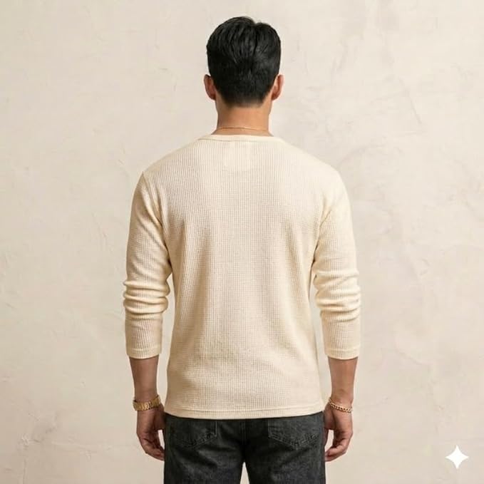 Imsa Moda Men's Textured Fabric Solid Half-Open Collar T-Shirt | Full Sleeve Casual Shirt for Men | Comfortable Fall Wear photo 3