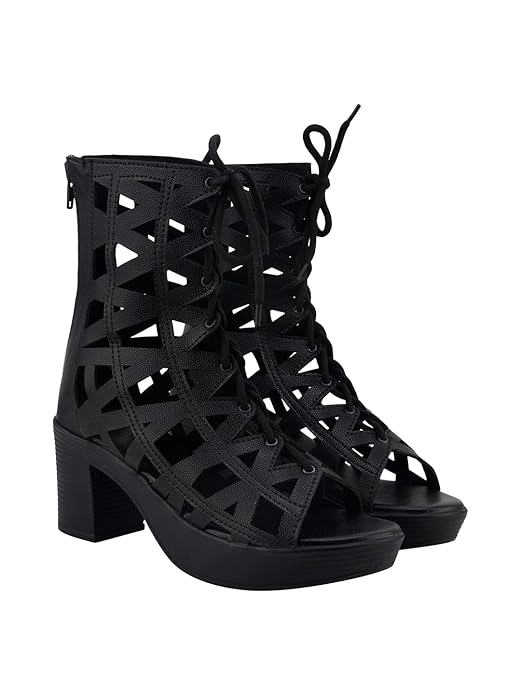 Shoetopia Black Onyx Lattice Gladiator Cage Heels – Bold Lace-Up Block Heel Sandals For Women & Girls