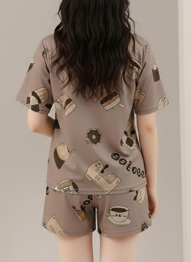 SMOWKLY Women Korean Shorts Pajama Set |Summer Night Top & Shorts Dress |Cotton Blend Nightwear Set Top & Shorts Sleepwear Lounge Wear Soft Comfortable Night Suit Ladies | Co-Ord Home Wear Set photo 3