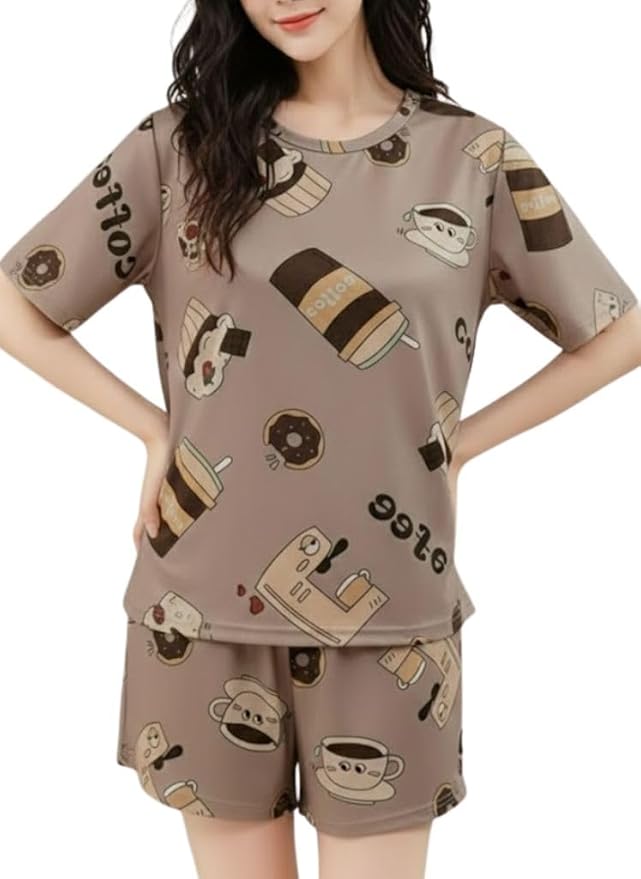 SMOWKLY Women Korean Shorts Pajama Set |Summer Night Top & Shorts Dress |Cotton Blend Nightwear Set Top & Shorts Sleepwear Lounge Wear Soft Comfortable Night Suit Ladies | Co-Ord Home Wear Set
