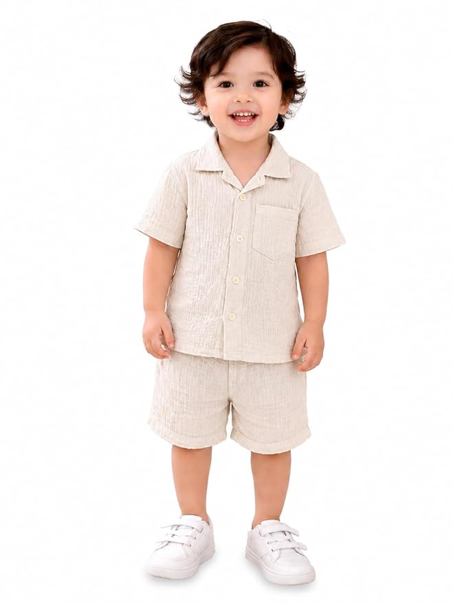 Kidbea Organic Cotton Shirt & Pant Co-ord Set for Kids | Elegant & Comfortable Summer Wear | Stylish Half Sleeve Shirt with Bow & Comfy Shorts photo 3