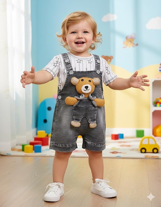 A.T.U.N. (ALL THINGS UBER NICE) Baby Boys Cotton Denim Dungaree Set with 3D Teddy Bear Design | Printed T-Shirt with Adjustable Straps | Stylish & Comfortable Daily Outfit for Baby Unisex photo 2