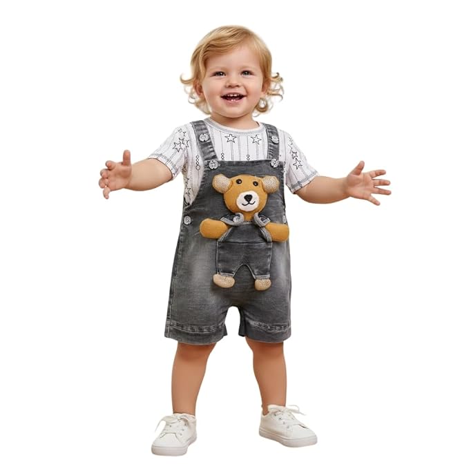 A.T.U.N. (ALL THINGS UBER NICE) Baby Boys Cotton Denim Dungaree Set with 3D Teddy Bear Design | Printed T-Shirt with Adjustable Straps | Stylish & Comfortable Daily Outfit for Baby Unisex