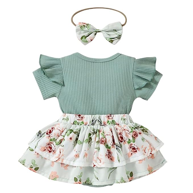Hopscotch Girls Text Print Bodysuit with Headband In Green Color photo 2