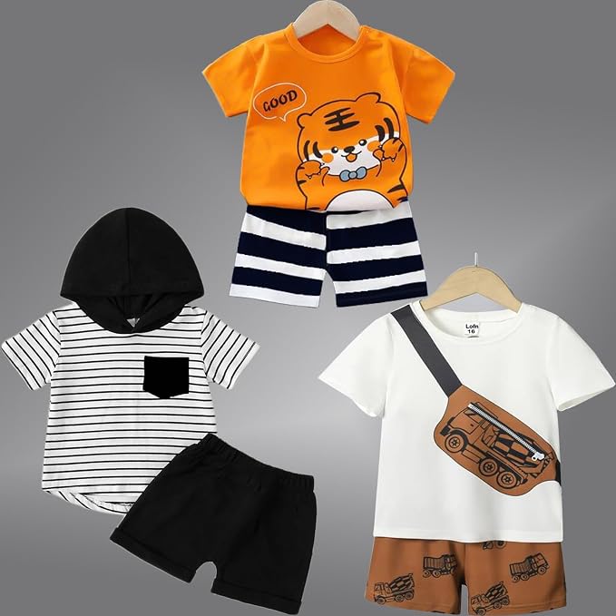 Lofn Unisex-Child Cotton Clothing Sets for Baby Boys & Baby Girls Printed Kids Clothing Sets - Unisex Clothing sets Half sleeve T-Shirt & Shorts Pack Of 3 (T84OR-T70WH-18-T83CP) photo 2
