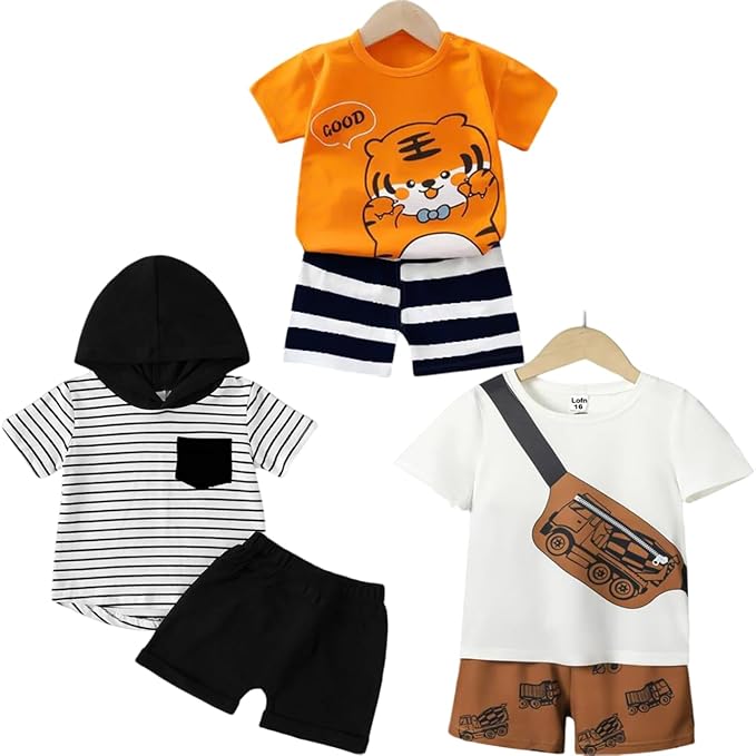 Lofn Unisex-Child Cotton Clothing Sets for Baby Boys & Baby Girls Printed Kids Clothing Sets - Unisex Clothing sets Half sleeve T-Shirt & Shorts Pack Of 3 (T84OR-T70WH-18-T83CP)