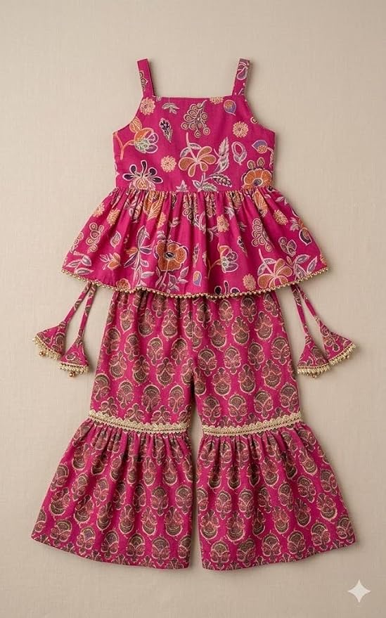A.T.U.N. (ALL THINGS UBER NICE) Girls 100% Cotton Kurti and Sharara Set | Traditional Printed Outfit for Kids | Soft Fabric Breathable Comfortable Indian Wear Clothing Set photo 3