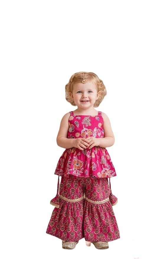 A.T.U.N. (ALL THINGS UBER NICE) Girls 100% Cotton Kurti and Sharara Set | Traditional Printed Outfit for Kids | Soft Fabric Breathable Comfortable Indian Wear Clothing Set