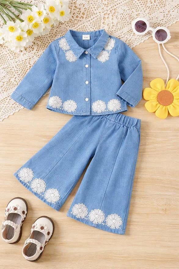 Baby Girls Toddler Soft Denim Premium Outfit Set Long Sleeve Button-Up Shirt with Lace Floral Embroidery & Wide Leg Pants, 2-Piece Casual Clothing Set Baby Girls Denim Cord Set photo 2