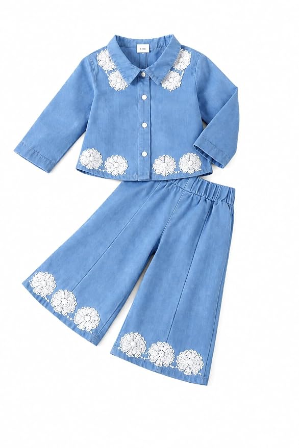 Baby Girls Toddler Soft Denim Premium Outfit Set Long Sleeve Button-Up Shirt with Lace Floral Embroidery & Wide Leg Pants, 2-Piece Casual Clothing Set Baby Girls Denim Cord Set