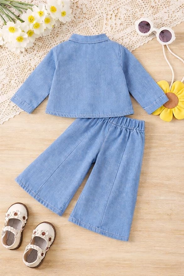 Baby Girls Toddler Soft Denim Premium Outfit Set Long Sleeve Button-Up Shirt with Lace Floral Embroidery & Wide Leg Pants, 2-Piece Casual Clothing Set Baby Girls Denim Cord Set photo 3